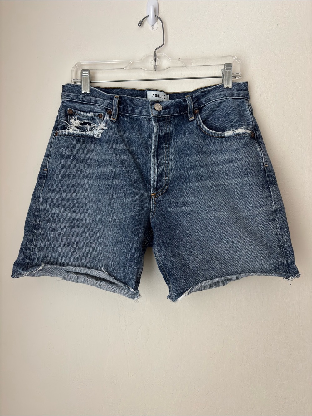 Agolde Rumi Mid Length Short in Precision Size 28 Button Fly Distressed Raw Hem